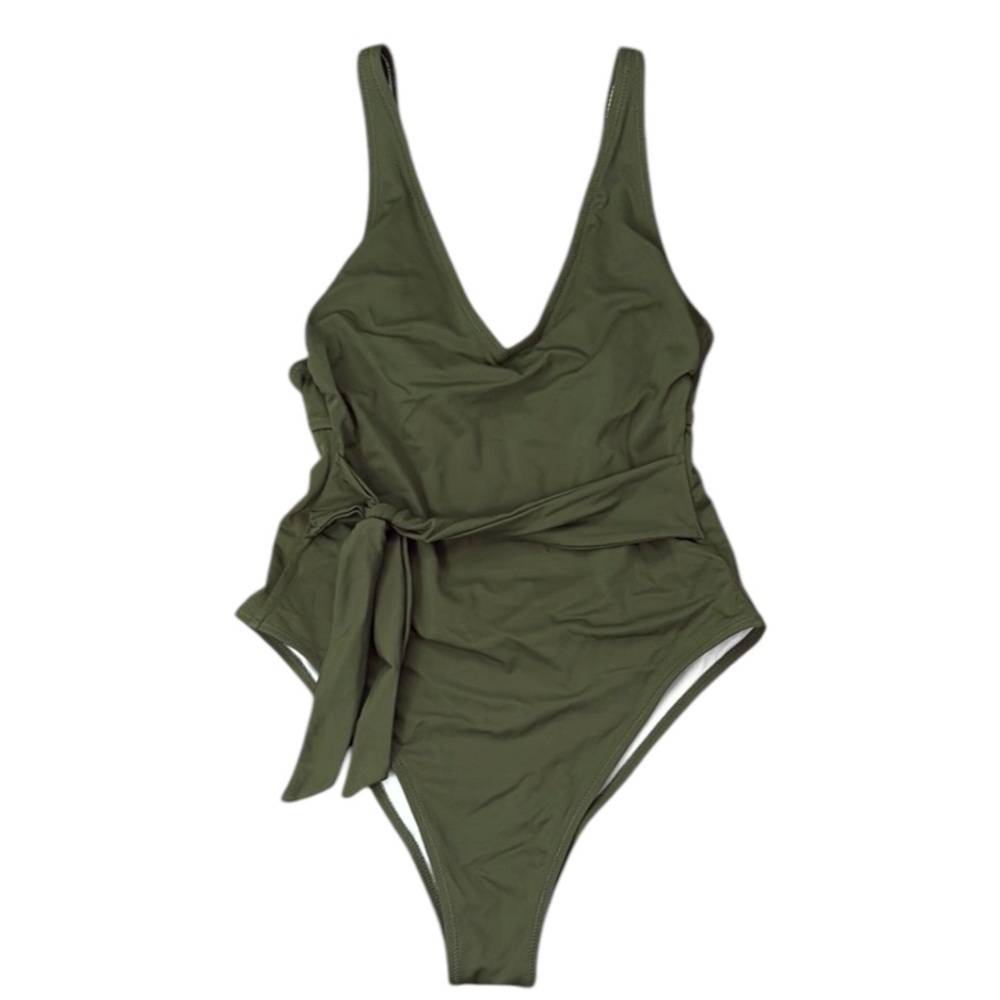 Shade & Shore Swimsuit One Piece Olive Green Tie Waist Sz M